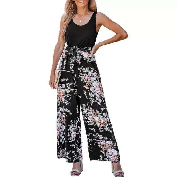 imageCUPSHE Summer Womens Jumpsuit Sleeveless Scoop Neck Floral Print Romper Overalls Casual Pollover Belted JumpsuitBlack