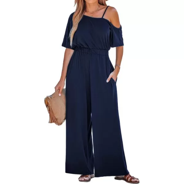 imageCUPSHE Summer Womens OpenShoulder Short Sleeve Pleated Maxi Romper Jogger Leg Overalls Long Casual Jumpsuit with PocketsMidnight Blue