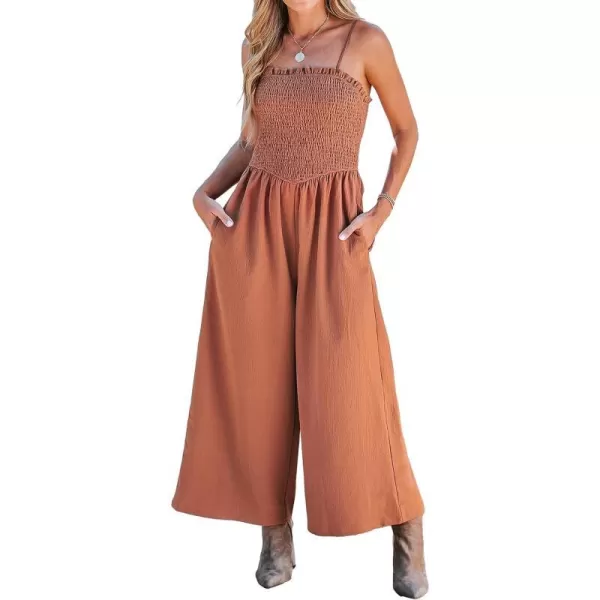 imageCUPSHE Summer Womens Smocked Ruffled Neck Cami Jumpsuit Overalls Long Casual Jumpsuit with PocketsRust Red