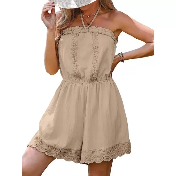 imageCUPSHE Summer Womens Tube Lace Trim Tassel Short Romper SelfTie Front Overalls Mini Casual JumpsuitSand