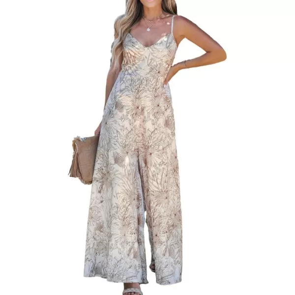 imageCUPSHE Summer Womens V Neck Floral Print Long Romper Cutout Back Overalls Cami Maxi Casual JumpsuitWhite Floral