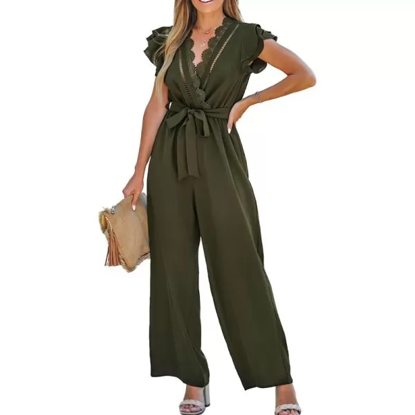imageCUPSHE Summer Womens V Neck Lace Trim Long Romper SelfTie Belt Ruffled Sleeve Overalls Maxi Casual JumpsuitOlive Green