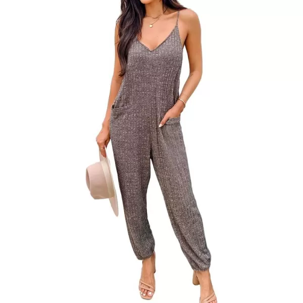 imageCUPSHE Summer Womens V Neck Sleeveless Pleated Maxi Cami Romper Jogger Leg Overalls Long Casual Jumpsuit with PocketsGrey