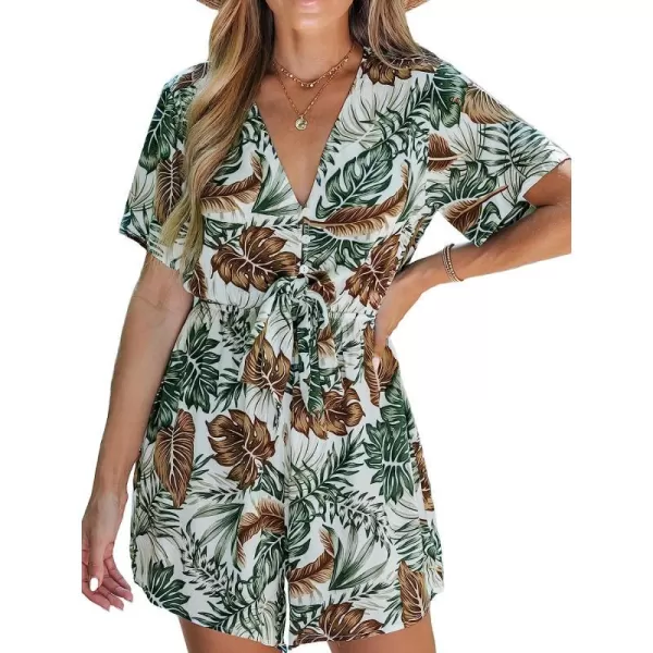 imageCUPSHE Summer Womens V Neck Tropical Leaf Print Button Short Romper SelfTie Overalls Mini Casual JumpsuitGreen Leaf