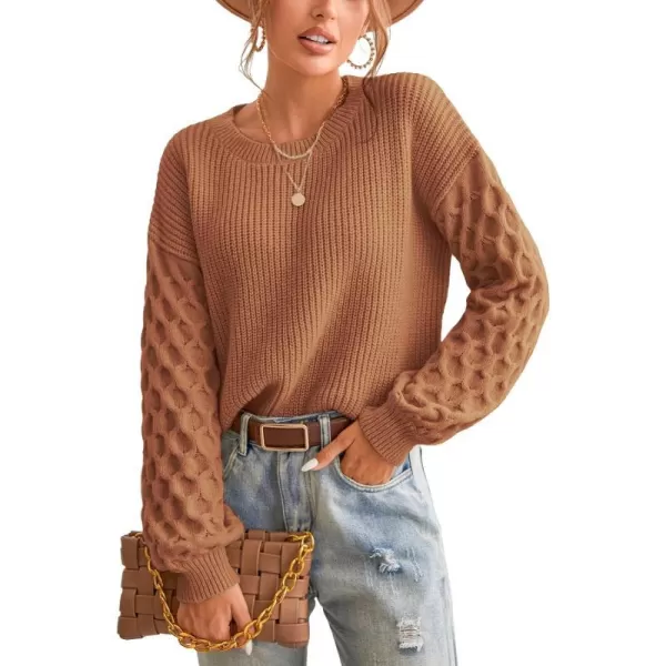 imageCUPSHE Sweater for Women Cable Knit Crew Neck Long Sleeves Fashion Casual Pullover Sweater TopsBrown
