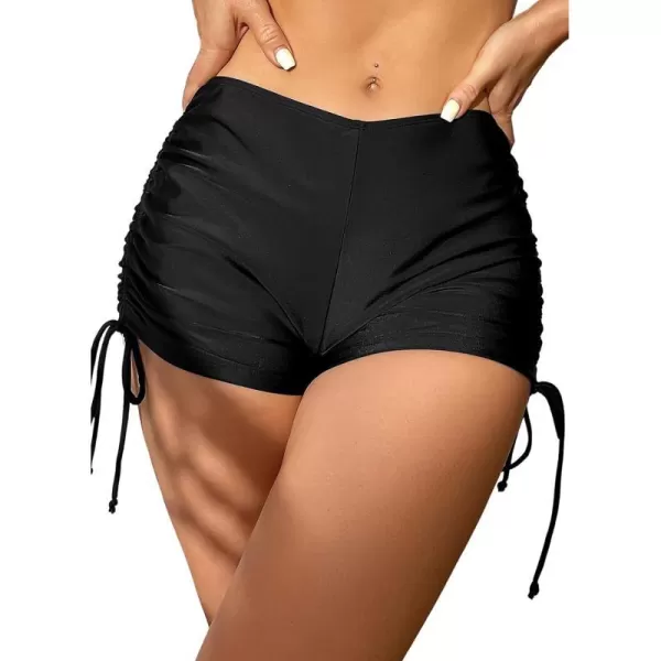 imageCUPSHE Swim Shorts for Women Bikini Bottom High Waisted Drawstring Ties Ruched SportyBlack