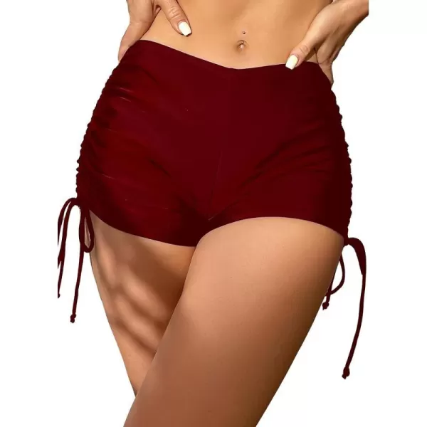imageCUPSHE Swim Shorts for Women Bikini Bottom High Waisted Drawstring Ties Ruched SportyWine Red