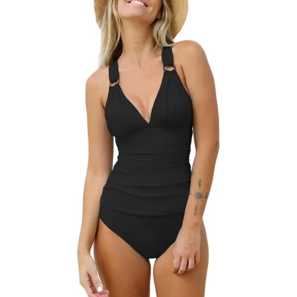 imageCUPSHE Tankini Bathing Suit for Women V Neck Ruched Two Piece Swimsuit ORing Cross Back Self Tie Mid RiseBlack