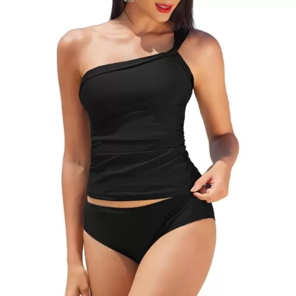 imageCUPSHE Tankini Bathing Suits for Women Two Piece Swimsuit One Shoulder Low Back Adjustable StrapsBlack