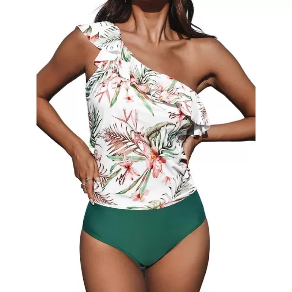 imageCUPSHE Tankini Set for Women Bathing Suit One Shoulder Ruffle Floral Removable Soft Cups Mid Rise BottomGreenampwhite