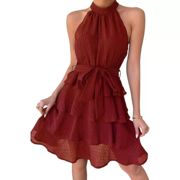 imageCUPSHE Tiered Ruffle Dress for Women High Neck A Line Waist Self Tie Burgundy Cocktail Party DressRed