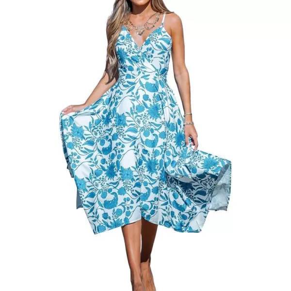 imageCUPSHE V Neck Maxi Dresses for Women Floral Print Spaghetti Straps Wrap DressBlue