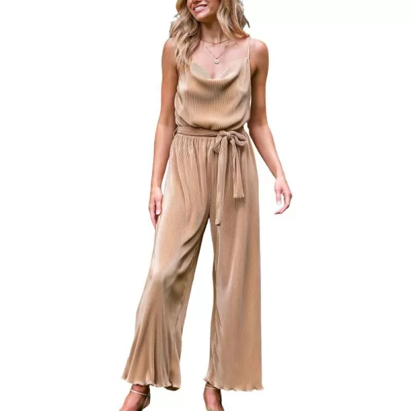 imageCUPSHE Women Apricot Cowl Neck Wide Leg Jumpsuit Waist Tie Straight leg With Lettuce TrimKhaki