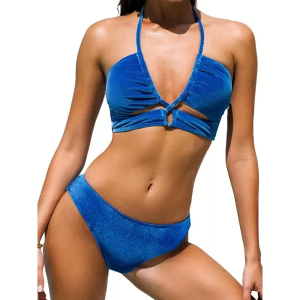 imageCUPSHE Women Bikini Set 2 Piece Swimsuit Drawstring Cutout Halter Backless Low Waisted BottomRoyal Blue