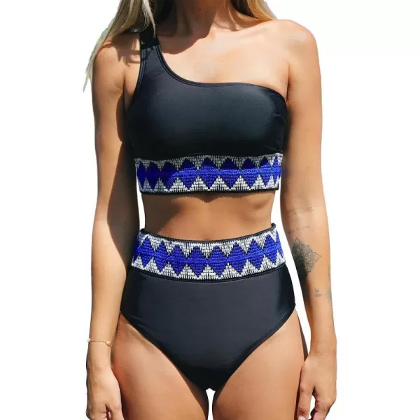 imageCUPSHE Women Bikini Set 2 Piece Swimsuit One Shoulder Tribal Print Trim High Waisted BottomBlack Tribal Print