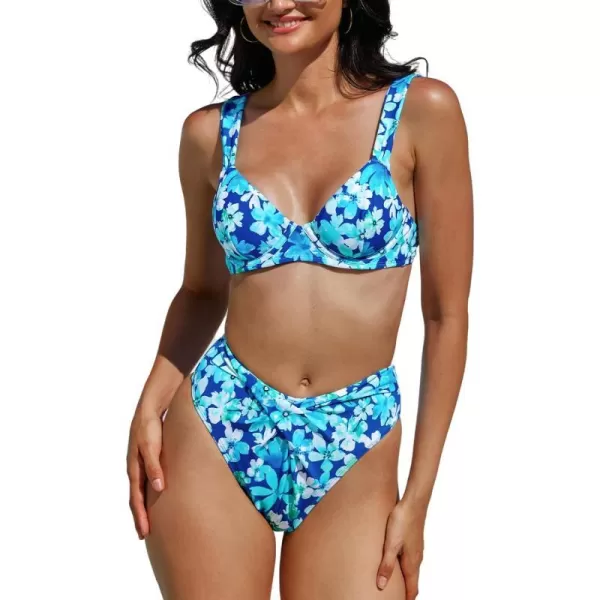 imageCUPSHE Women Bikini Set 2 Piece Swimsuit Underwire Top Back Tie V Cut High Waisted BottomBlue Floral