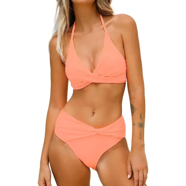 imageCUPSHE Women Bikini Set 2 Piece Swimsuit V Neck Halter Wrap Twist Front Mid Waisted BottomCantaloupe
