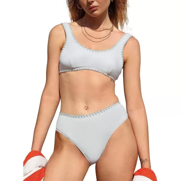 imageCUPSHE Women Bikini Set Two Piece Swimsuit Shiny Scoop Neck Tank Top Mid Waist BottomGray White