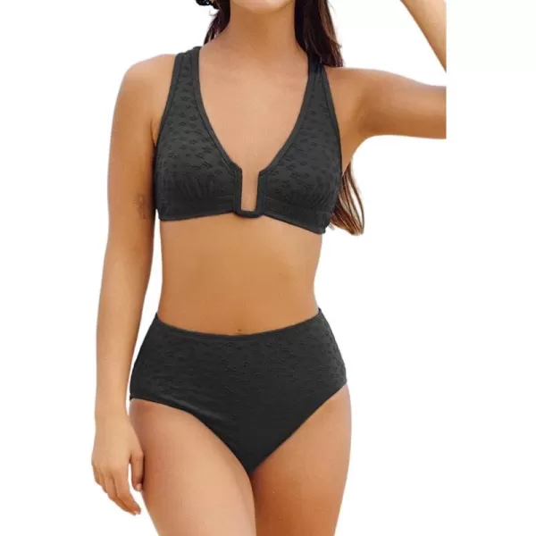 imageCUPSHE Women Bikini Set Two Piece Swimsuit U Wire Crisscross Back Jacquard High Waisted BottomBlack
