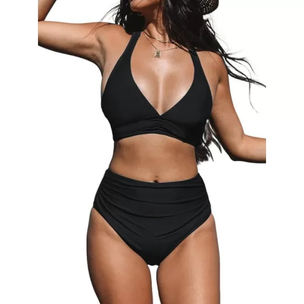 imageCUPSHE Women Bikini Sets 2 Piece Swimsuit Halter Ruching Back Tie Tummy Control High Waisted BottomBlack