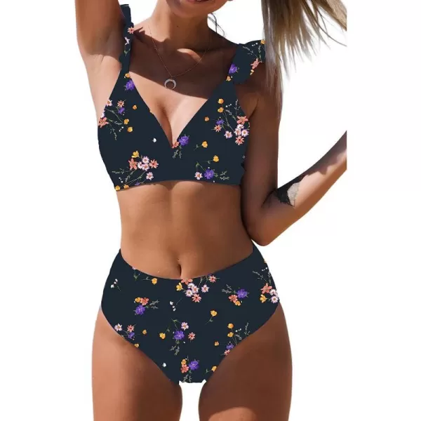 imageCUPSHE Women Bikini Sets 2 Piece Swimsuit High Waisted Bottom Floral Print Ruffle V Neck Bathing SuitsNavy Floral