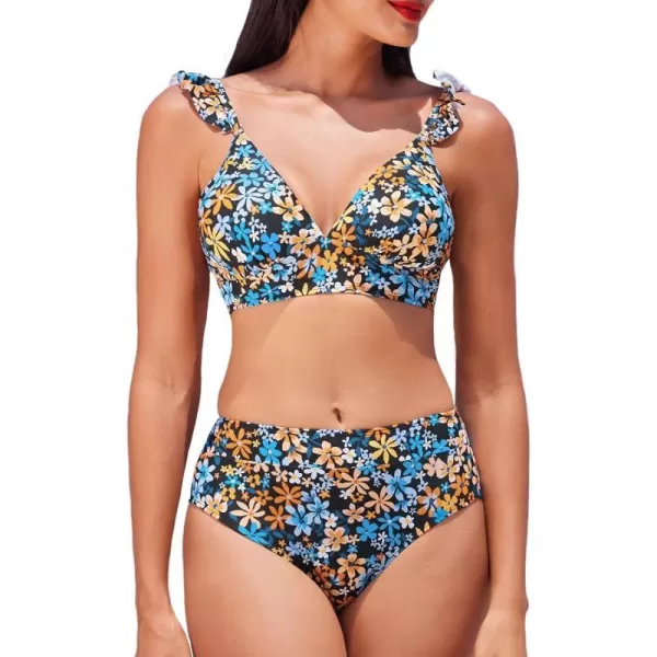imageCUPSHE Women Bikini Sets 2 Piece Swimsuit High Waisted Bottom Floral Print Ruffle V Neck Bathing SuitsOrange Blue Floral