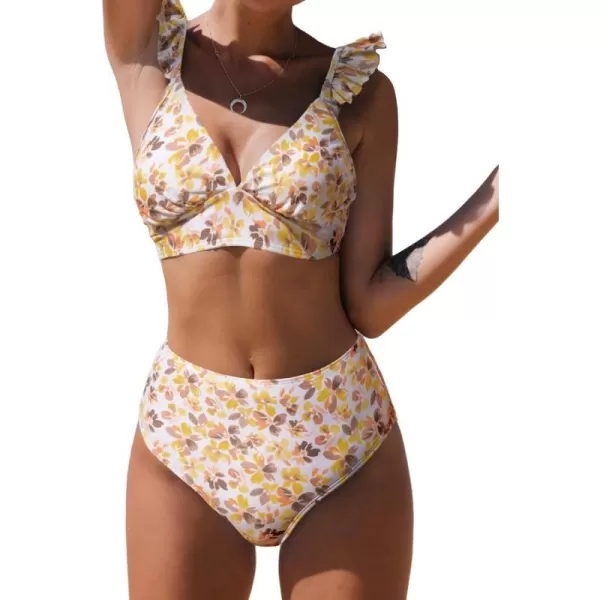 imageCUPSHE Women Bikini Sets 2 Piece Swimsuit High Waisted Bottom Floral Print Ruffle V Neck Bathing SuitsYellow Floral