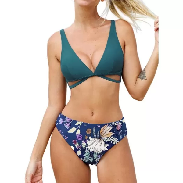 imageCUPSHE Women Bikini Sets Two Piece Bathing Suit Deep V Neck Cutout Floral Mid Waisted Bottom Adjustable StrapsTeal Floral