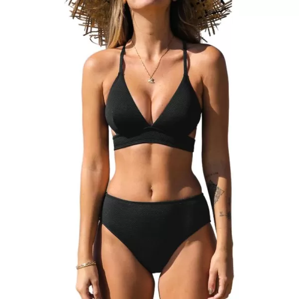 imageCUPSHE Women Bikini Sets Two Piece Swimsuit Deep V Neck Cutouts Crisscross Back Mid Waisted Bottom Textured FabricBlack