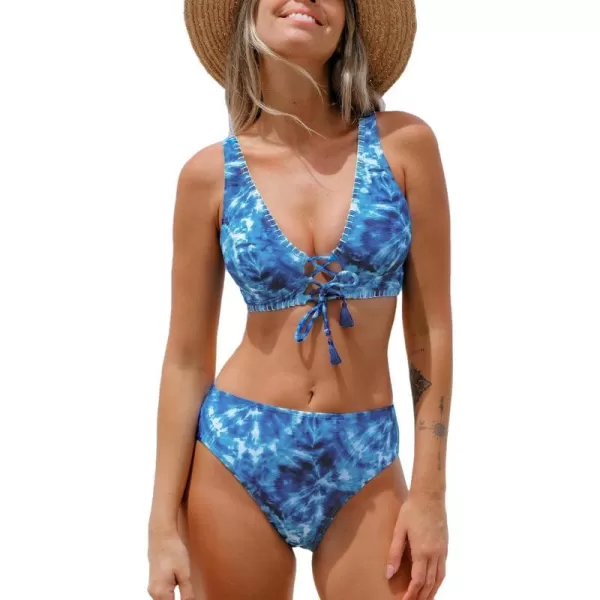imageCUPSHE Women Bikini Sets Two Piece Swimsuits Deep V Neck Self Tie Paisley Reversible Mid Waisted Bikini BottomBlueTie Dye