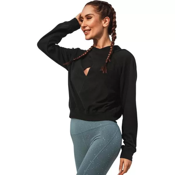 imageCUPSHE Women Black Cut Out Front Hoodie Casual Long Sleeve SweatshirtBlack