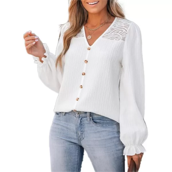imageCUPSHE Women Blouse Floral Lace VNeck Mock Button Long Trumpet Sleeves TopWhite