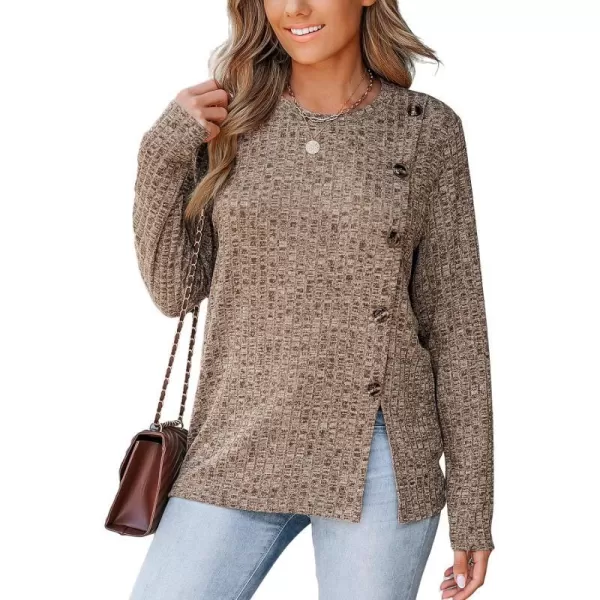 imageCUPSHE Women Blouses ButtonFront Pleated Round Neck Tee Long Sleeve Shirt CasualBrown