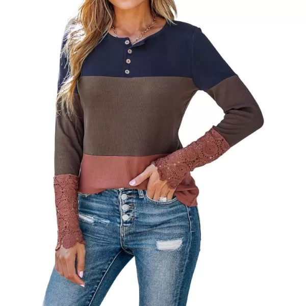 imageCUPSHE Women Blouses Colorblock Lace Henley Tee Button Front Long Sleeves ShirtsBrown