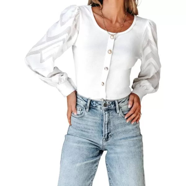imageCUPSHE Women Blouses Contrast Mesh ButtonFront Puff Sleeve Tops Long Sleeves ShirtsWhite