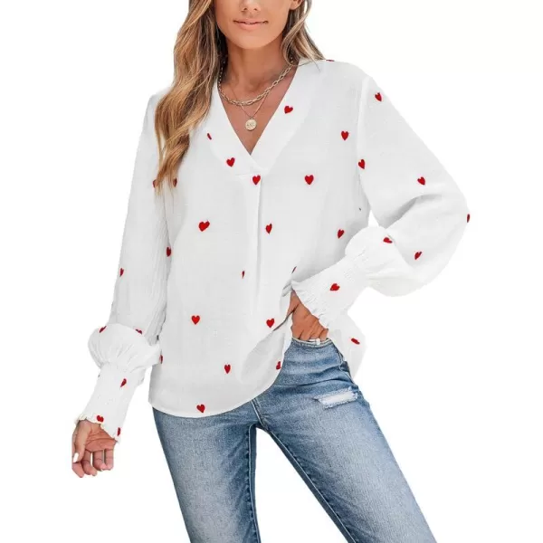 imageCUPSHE Women Blouses Embroidered Heart Gauze Top V Neck Long Sleeves ShirtsWhite