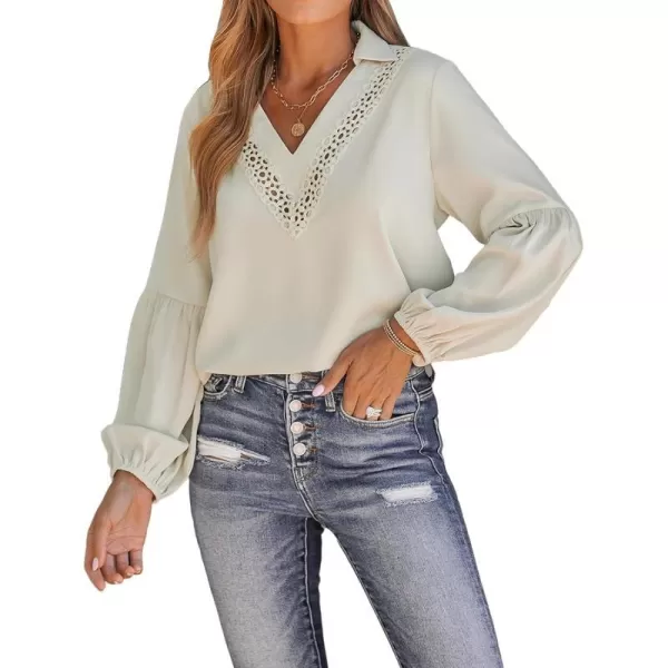 imageCUPSHE Women Blouses Embroidered Lace Tops VNeck Long Sleeves ShirtsBeige