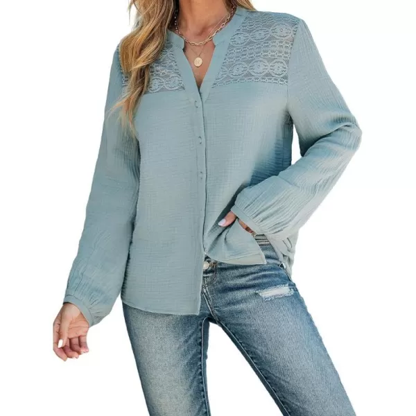 imageCUPSHE Women Blouses Floral Lace Gauze ButtonFront Shirt V Neck Long Sleeves ShirtsBlue