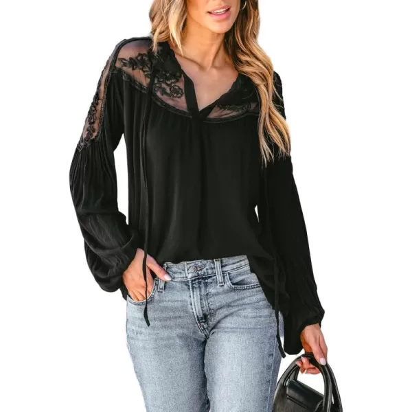 imageCUPSHE Women Blouses Floral Lace Mesh Split Neck Top V Neck Long Sleeves Sexy Casual ShirtsBlack