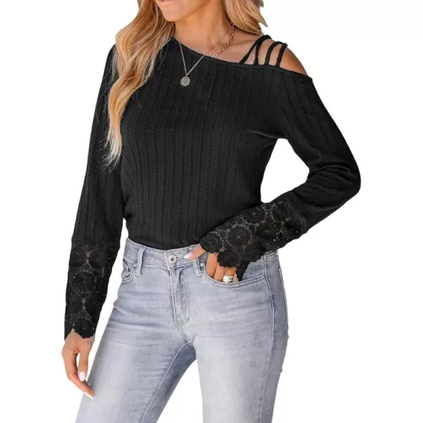 imageCUPSHE Women Blouses Floral Lace OneShoulder Tee Long Sleeves V Neck TopsBlack