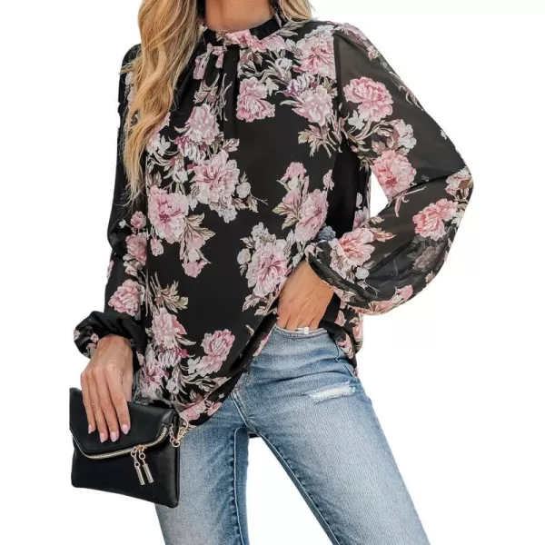 imageCUPSHE Women Blouses Floral Print Peasant Sleeve Top Mock Neck Long Sleeves ShirtsBlack