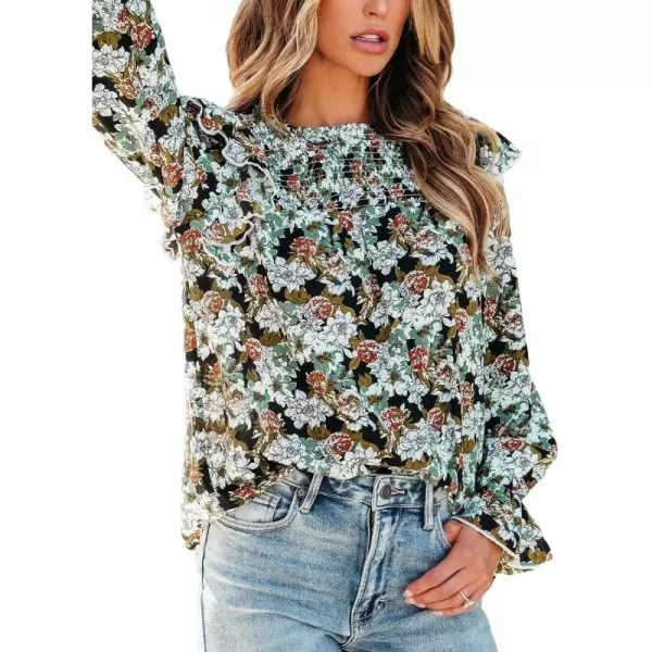 imageCUPSHE Women Blouses Floral Print Smocked Trumpet Sleeve Tops Long Sleeves ShirtsBlack
