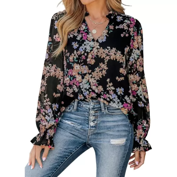 imageCUPSHE Women Blouses Floral Print VNeck Tops Trumpet Long Sleeves ShirtsBlack