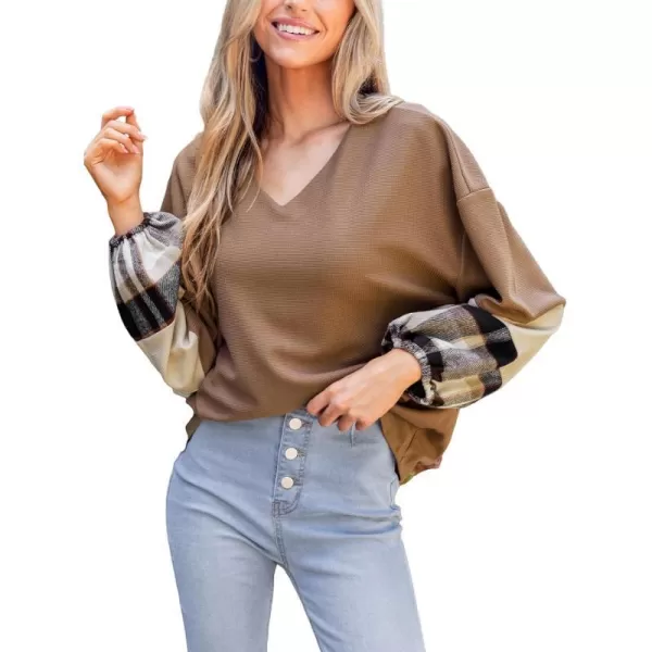 imageCUPSHE Women Blouses Gingham Long Sleeve Pullover Top VNeck Tee Ballon Sleeves Blouses CasualBrown