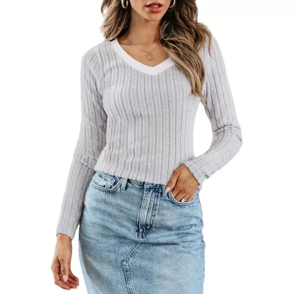imageCUPSHE Women Blouses Heathered Ribbed VNeck Tee Tops Long Sleeves ShirtsGrey