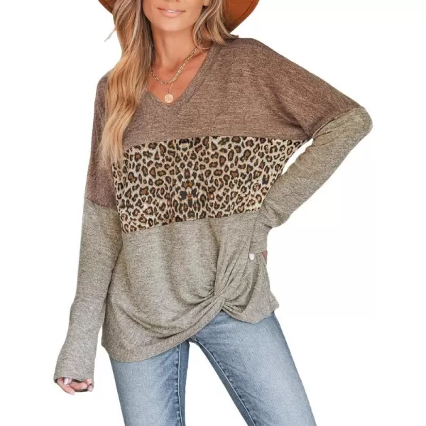 imageCUPSHE Women Blouses Leopard Print TwistedHem Top VNeck Tee Long Sleeves Blouse CasualBrown