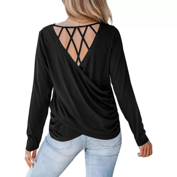 imageCUPSHE Women Blouses Marled Knit Caged Back Tee Crew Neck Long Sleeves ShirtsBlack