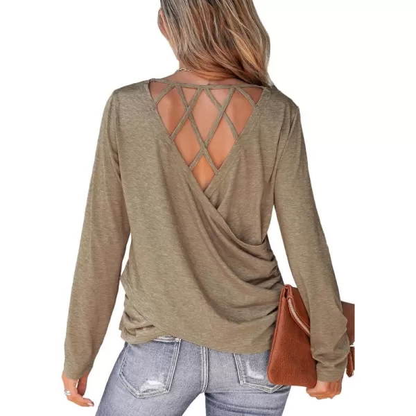imageCUPSHE Women Blouses Marled Knit Caged Back Tee Crew Neck Long Sleeves ShirtsBrown