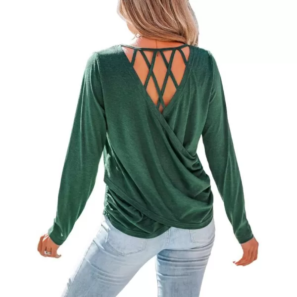 imageCUPSHE Women Blouses Marled Knit Caged Back Tee Crew Neck Long Sleeves ShirtsGreen