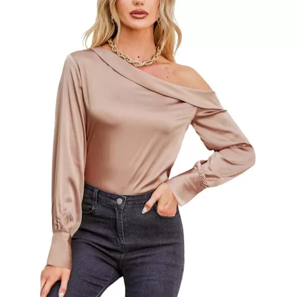 imageCUPSHE Women Blouses OneShoulder Top Long Sleeves Solid Tee Casual DressyBrown